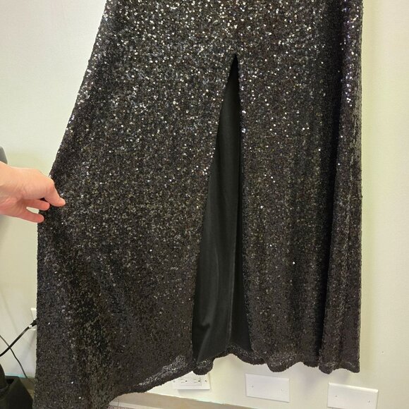 B. Darlin 9/10 Y2K Vintage Black Sequin Halter Maxi Dress Strappy Open Back Fron - Picture 3 of 10